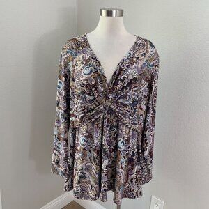 International Concepts Woman Plus 2X Paisley V Neck Long Sleeve Top Stretch